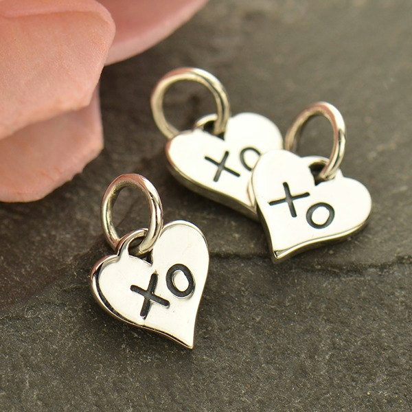 Small Heart Charm with XO Hug and Kiss - C1749, Sterling Silver, Love, Romance