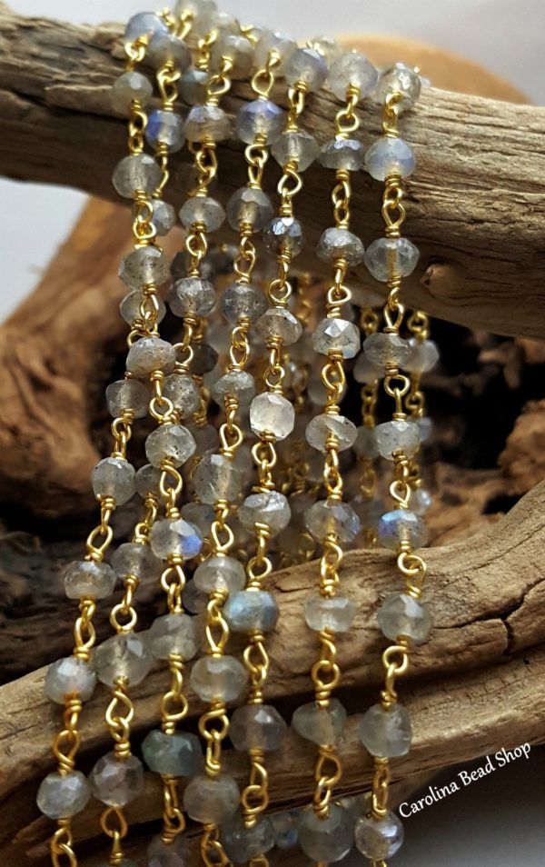 Ladradorite 3mm Gold Plated Hand Wrapped Chain, Sold by Ft.