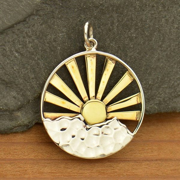 Mountain Range Pendant with Bronze Sun Rays - C3114, Hiking, Nature Charms, Celestial Charms