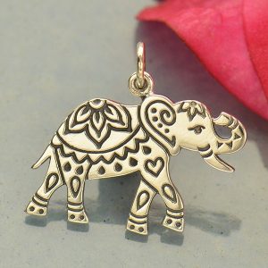 Sterling Silver Decorated Elephant Charm - C1830, Etched Elephant  - Animal Charms, Strength, Good Luck