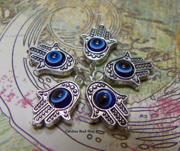Metal Hamsa Hand with Blue Evil Eye Bead (5PK)