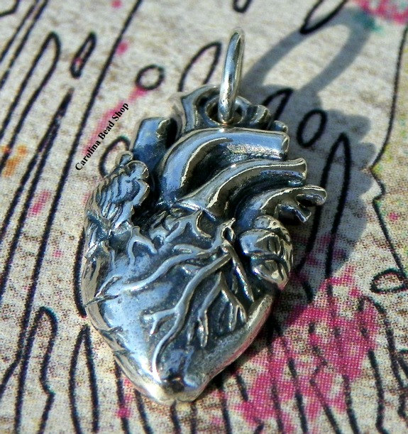 Anatomical Heart Charm -  C1164, Choose from Sterling Silver, Gold Plated, Natural Bronze, Lifelike Heart, Love, Human Organ, Vascular