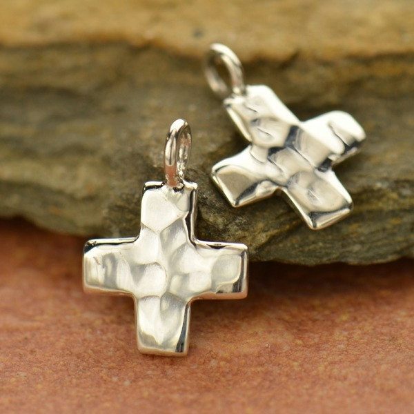 Tiny Hammered Finish Sterling Silver Cross Charm - Spiritual, Christ, C2534