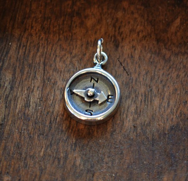 Oxidized Sterling Silver Compass Charm - Navy, Nautical, Maps, Charts, Wind, Spinning Needle