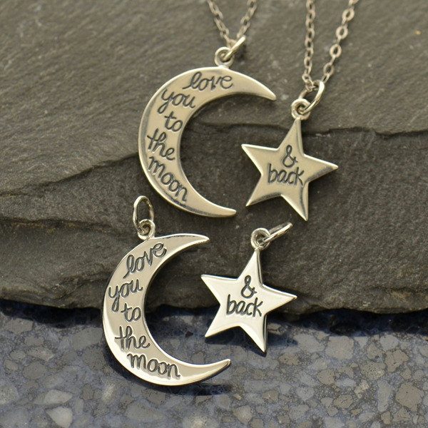 Sterling Silver Love You to the Moon and Back Star and Moon Set - Stamped Charms, Children, Quote Charms, New Mom, Celestial Charms, C1524