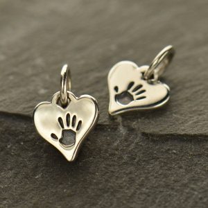 Tiny Sterling Silver Hand Print Heart Charm  - C1537, Family, Children, Stamped Charms, Childhood, Baby, New Mom