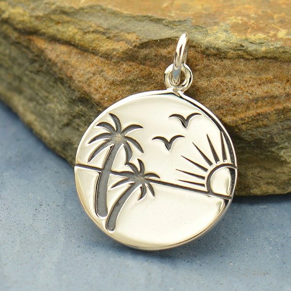 Etched Sunset in Paradise Charm Sterling Silver - C1644, Tropical Beach, Nautical, Palm Trees,  Gift for Beach Lover