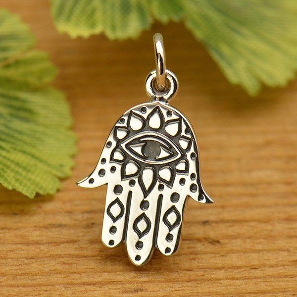 Hamsa Hand with Etched Evil Eye  - C1672, Sterling Silver, Hand of Miriam, Hand of Fatima, Yoga Spirit Charms, Lucky Eye
