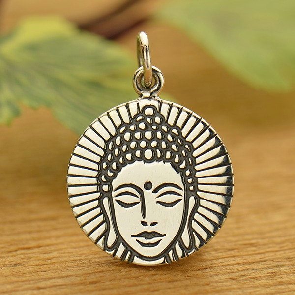 Etched Buddha Head Charm - Sterling Silver, C1674, Buddhist, Yoga Spirit Charms, Meditation, Zen
