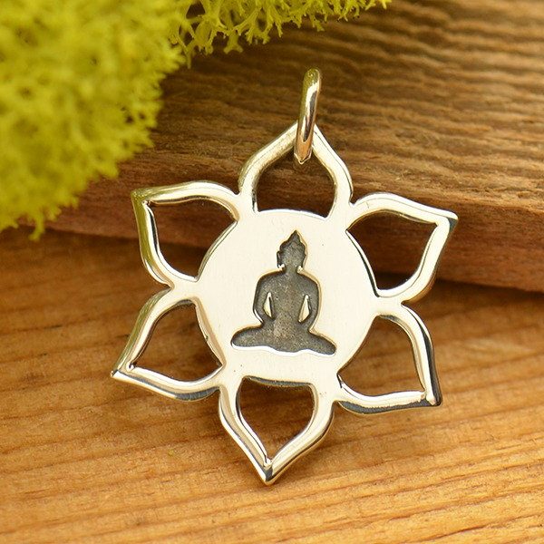 Meditation Buddha on Lotus Charm  - Sterling Silver, C1673, Buddhist, Yoga Spirit Charms, Meditation, Zen, Lotus Flower