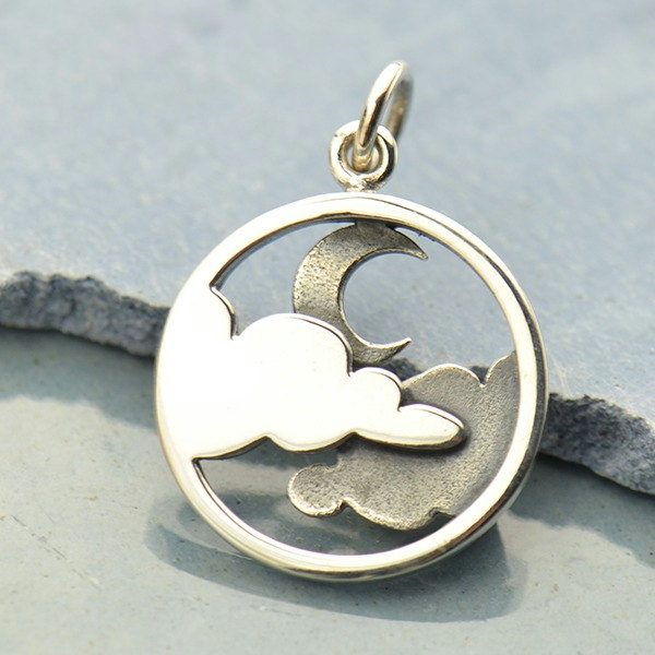 Moon and Cloud Pendant - C1642, Sterling Silver, Celestial Charms, Crescent Moon, Clouds