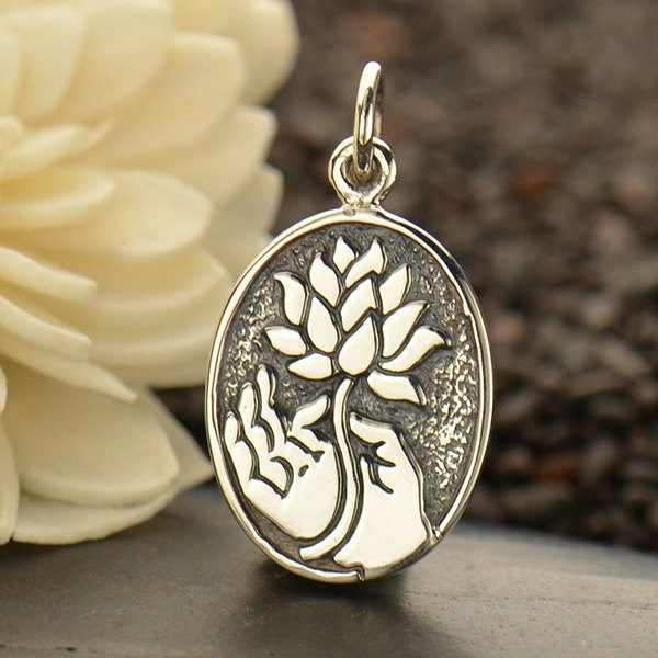 Buddha Hand Holding a Lotus Flower - C1673, Charms, Sterling Silver, Yoga Spirit Charms, Enlighten