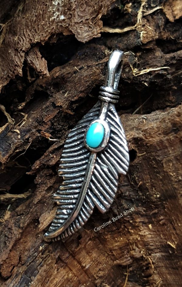 Feather Pendant With Synthetic Turquoise - Sterling Silver, C938, Native American, Southwestern Charms