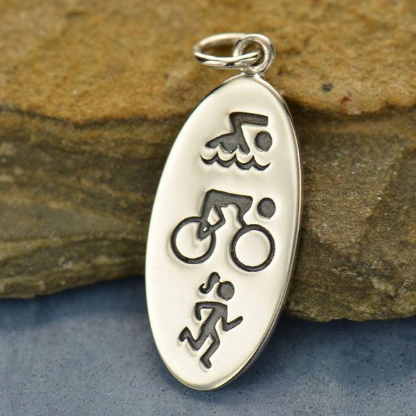 Triathlon Symbols Fitness Charm - Sterling Silver, - Stamped Charm, Words, C1492