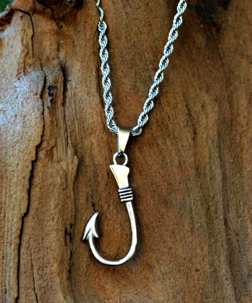 Fish Hook Pendant Necklace in gold and silver